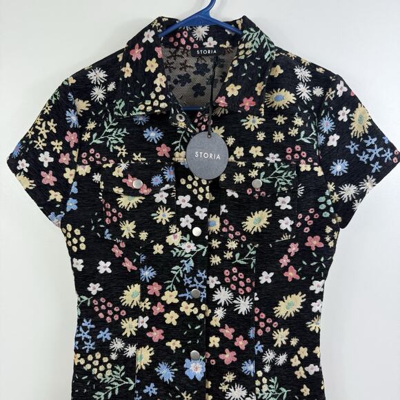 Storia New Black Floral Tapestry Mini Dress Medium Full Snap Dark Floral Retro - Picture 2 of 13